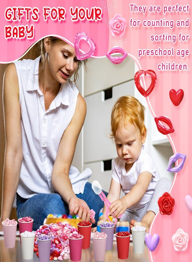 Arrowbash 230 Pcs Valentine Fine Motor Skills Sensory Bin Filler Includes 5 Style 214 Acrylic Gems 4 Tweezers 2 Scissors Clips 10 Cups for Early Education Sorting Counting Training Development - Image 4